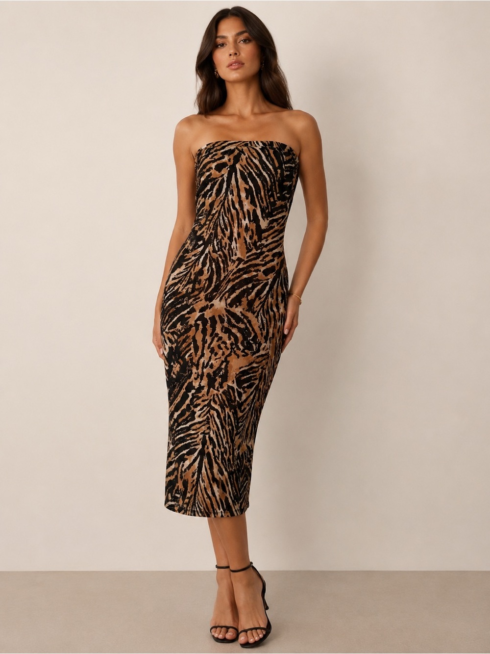 Guess Strapless Animal-Print Midi Dress in Brown and Black